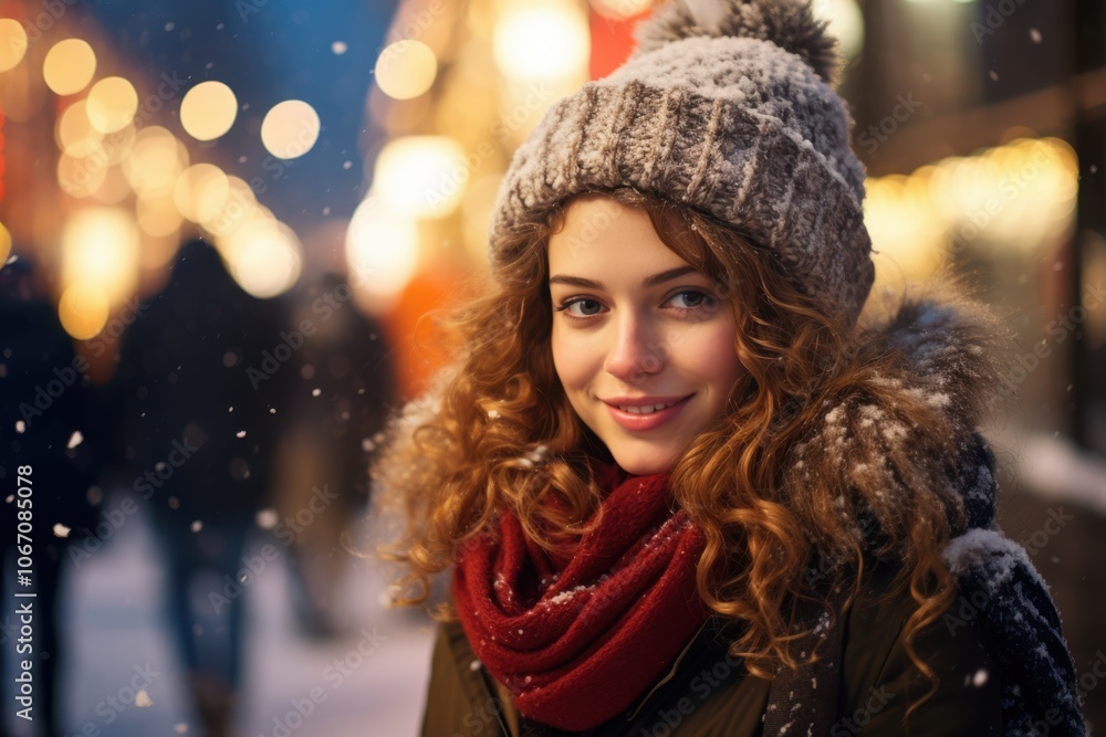 Young woman with curly hair and a warm smile in a snowy setting. She wears a knit pom-pom hat, red scarf, and fur-lined coat, with glowing holiday lights in the background Young woman with curly hair and a warm smile in a snowy setting. She wears a knit pom-pom hat, red scarf, and fur-lined coat, with glowing holiday lights in the background