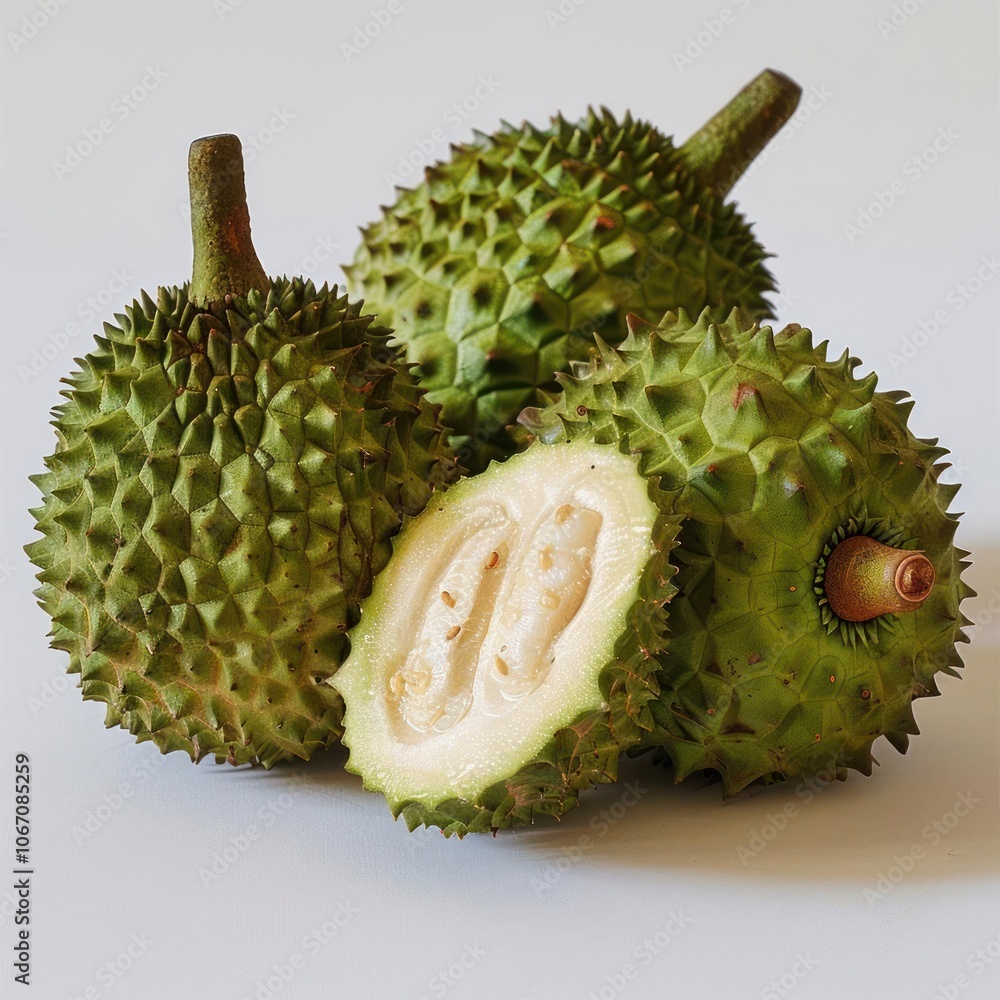 A group of Soursop fruits with their shells split open revealing the fruit inside. A group of Soursop fruits with their shells split open revealing the fruit inside.