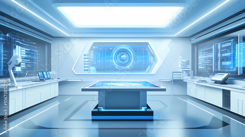 A futuristic laboratory with advanced technology and holographic displays, clean and sleek design, illustration background. Futuristic. Illustration