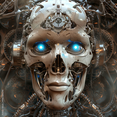 Front view of white robotic humanoid face with glowing blue eyes and intricate mechanical components visible