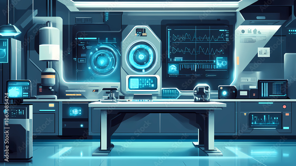 A futuristic laboratory with advanced technology and holographic displays, clean and sleek design, illustration background. Futuristic. Illustration A futuristic laboratory with advanced technology and holographic displays, clean and sleek design, illustration background. Futuristic. Illustration