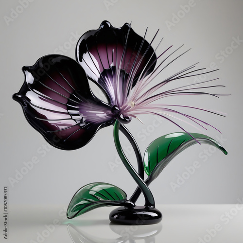 Elegant glass sculpture of Tacca chantrieri (Bat Flower) with glossy finish and rich colors against a light gray background, generative ai photo