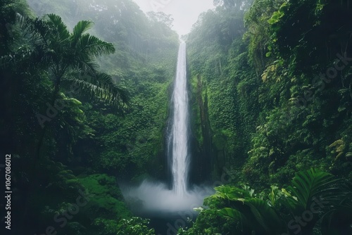 A majestic waterfall cascading through lush greenery in a tranquil rainforest setting.