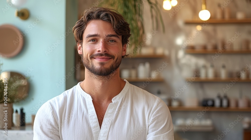 A friendly young man smiles brightly while posing in a stylish and modern store filled with natural wellness products A friendly young man smiles brightly while posing in a stylish and modern store filled with natural wellness products