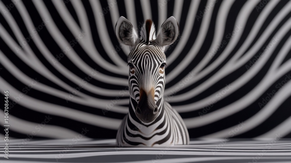 Naklejka premium A striking zebra stands prominently against a swirling black and white striped background, highlighting its unique pattern.