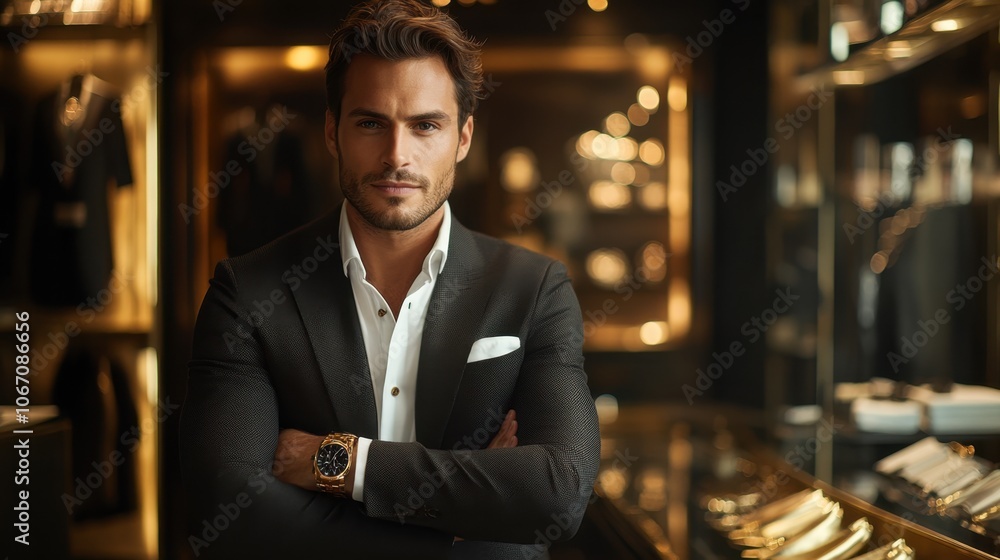A stylish man exudes confidence in an upscale boutique surrounded by luxurious fashion pieces in a gold-accented setting A stylish man exudes confidence in an upscale boutique surrounded by luxurious fashion pieces in a gold-accented setting