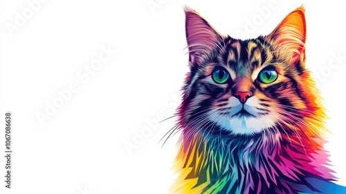 A vibrant, colorful illustration of a cat with bright green eyes, showcasing a blend of artistic hues and details in its fur.