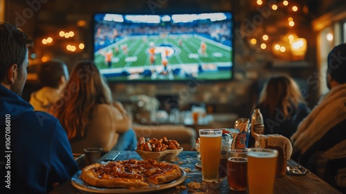 Friends and family watching Super Bowl together with snacks