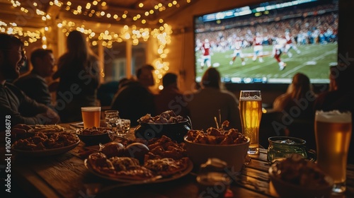 Friends and family watching Super Bowl together with snacks