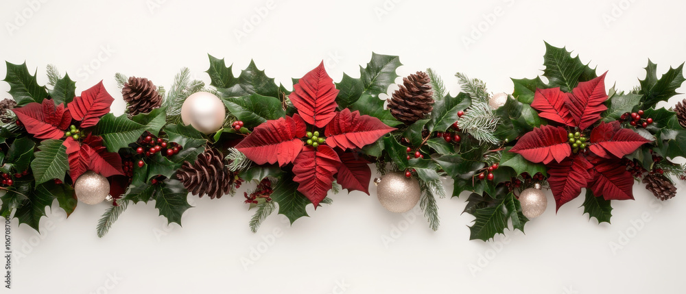 Festive garland with poinsettia, holly, and pinecones for decoration Festive garland with poinsettia, holly, and pinecones for decoration
