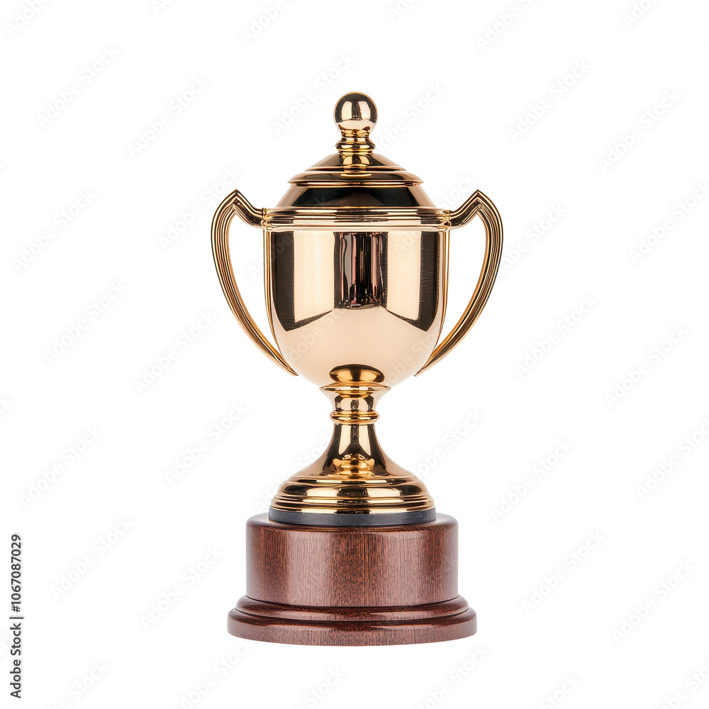 Golden trophy on wooden base, isolated on white background. Golden trophy on wooden base, isolated on white background.