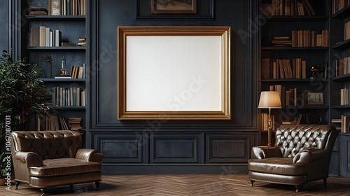 Elegant Antique Gold Frame Mockup Adorning Classic Study Interior with Bookshelves,Leather Armchair,and Warm Lamp Light Illuminating the Cozy,Inviting Space