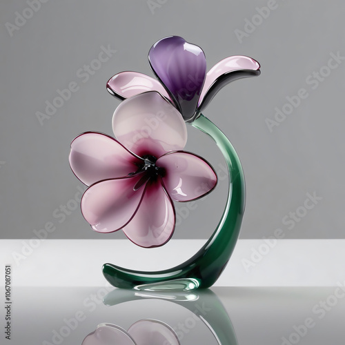 Elegant glass sculpture of Achimenes flower in gradient purple to pink against gray background, showcasing craftsmanship and detail, generative ai photo