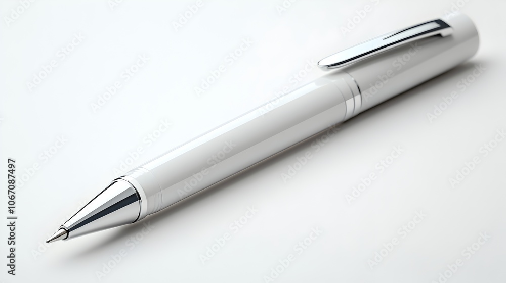 Elegant steel pen resting on a clean,white desk - a sleek,minimalist office accessory designed for professional,corporate,and administrative work environments. Elegant steel pen resting on a clean,white desk - a sleek,minimalist office accessory designed for professional,corporate,and administrative work environments.