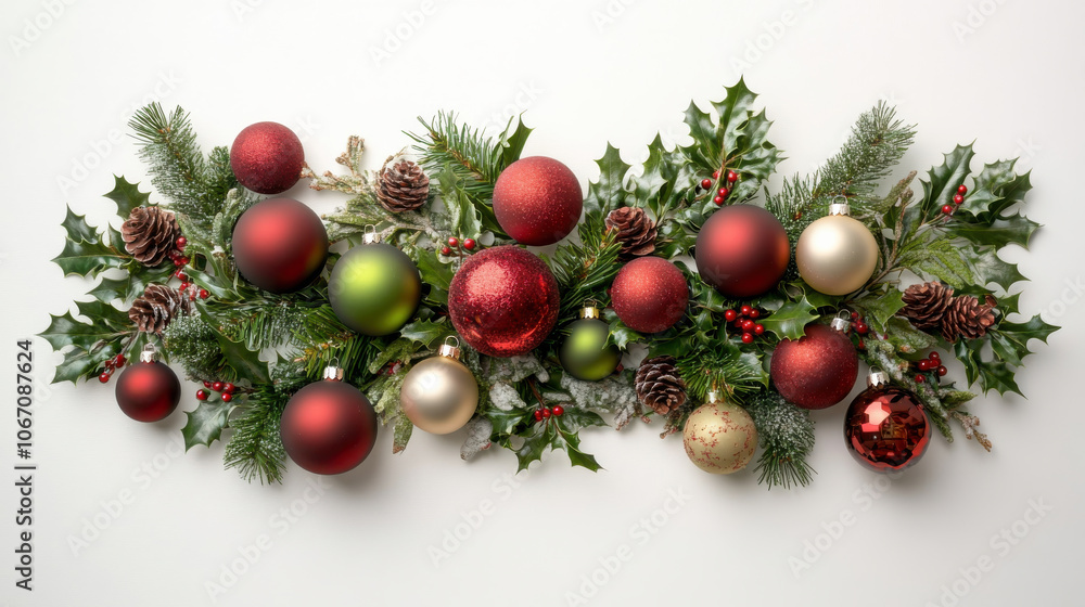 Festive Christmas garland with red and green ornaments, pinecones, and holly Festive Christmas garland with red and green ornaments, pinecones, and holly