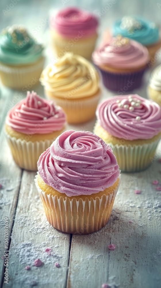 Decorative cupcakes with vibrant frosting arranged on a wooden table Decorative cupcakes with vibrant frosting arranged on a wooden table