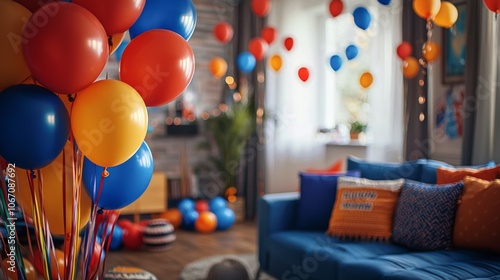 Super Bowl party room with team colors balloons and streamers