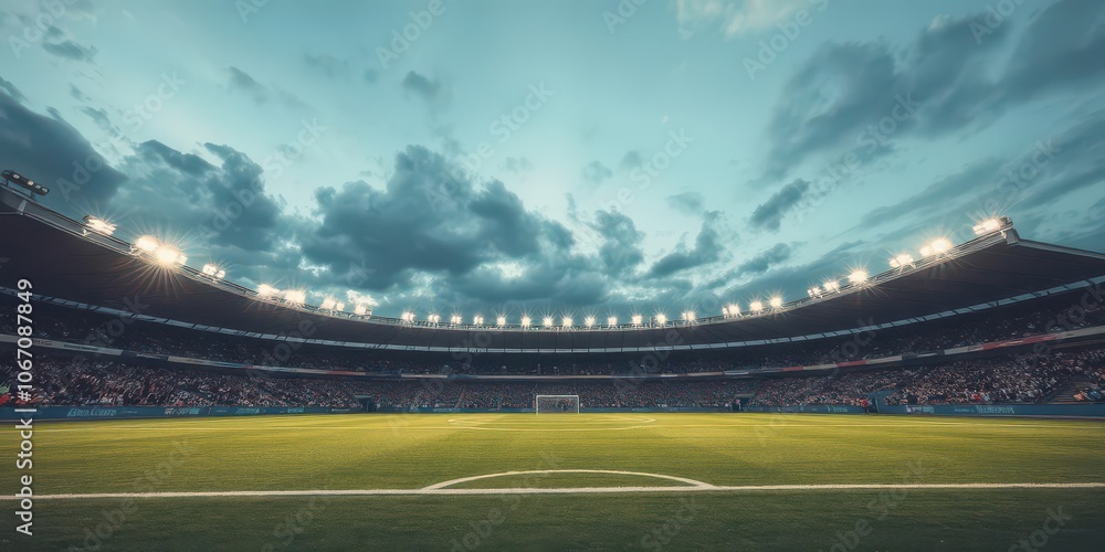 Soccer field under the night sky with glowing stadium lights, evening Soccer field under the night sky with glowing stadium lights, evening