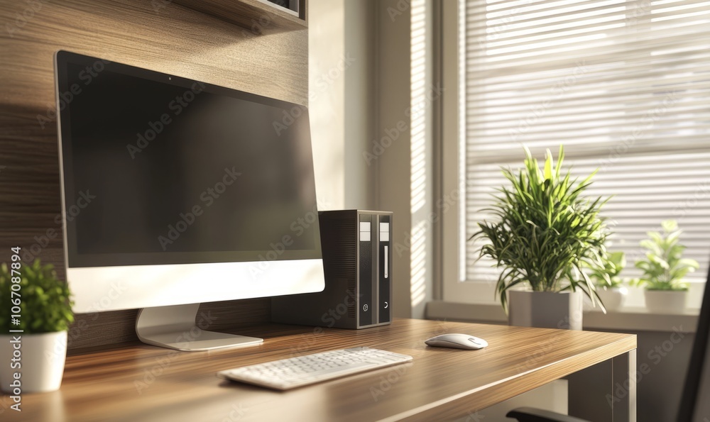 Modern office workspace featuring a sleek computer, wooden desk, and decorative plant for a fresh, inviting atmosphere Modern office workspace featuring a sleek computer, wooden desk, and decorative plant for a fresh, inviting atmosphere