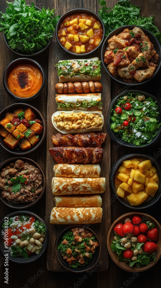variety of delicious dishes on a wooden table variety of delicious dishes on a wooden table