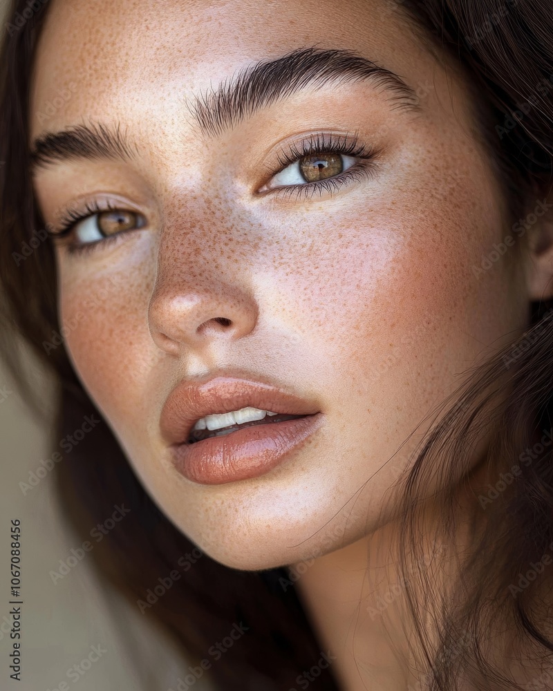 Intimate close-up of a woman with natural freckles, thick eyebrows, and brown eyes, captured in soft lighting, showcasing natural beauty. Intimate close-up of a woman with natural freckles, thick eyebrows, and brown eyes, captured in soft lighting, showcasing natural beauty.