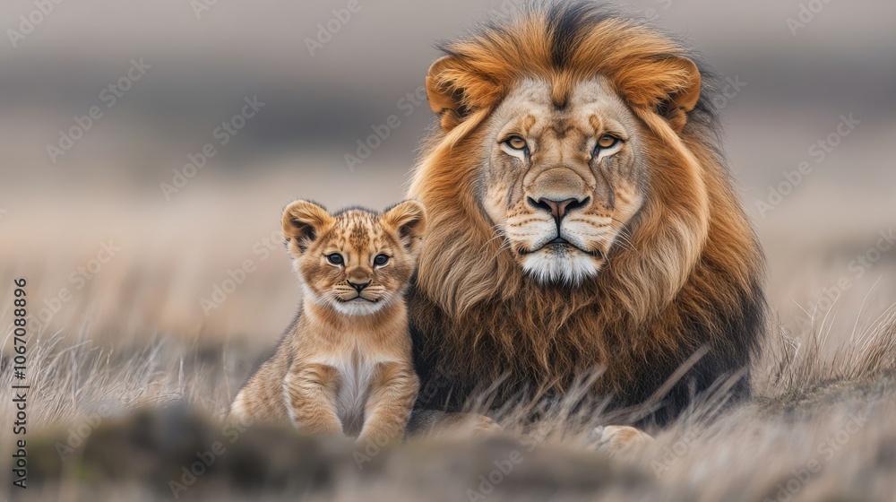Obraz premium A majestic lion and its playful cub sit together in a golden grassland, showcasing a heartwarming bond in the wild.
