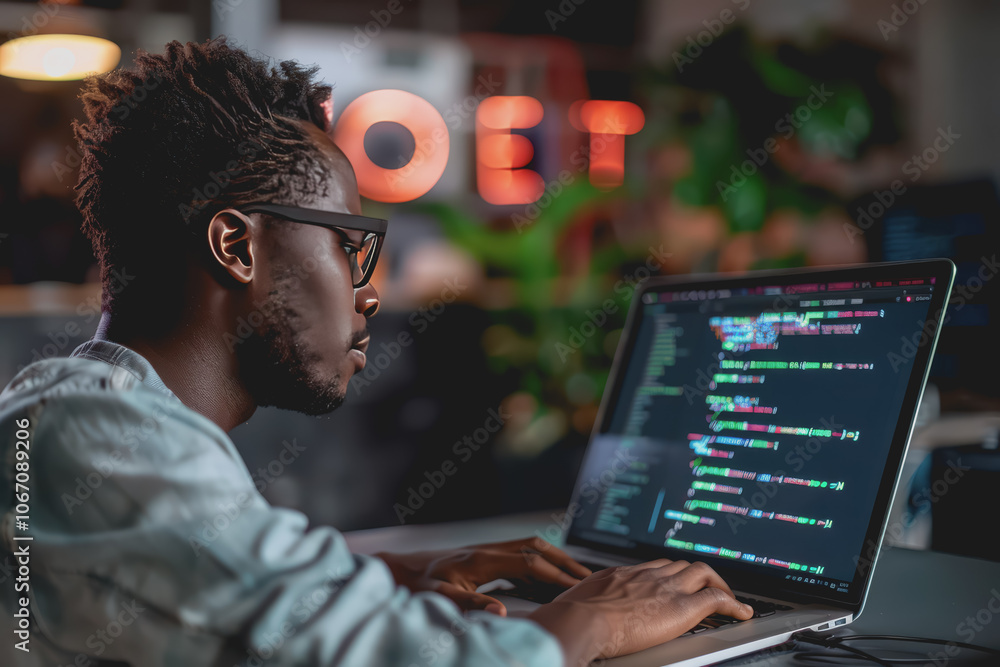 A software developer writes code to develop AI software on a laptop for a company. A software developer writes code to develop AI software on a laptop for a company.