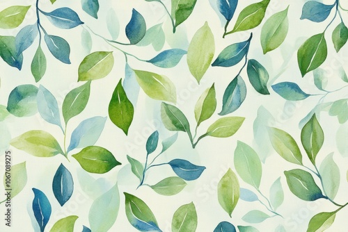 A playful seamless pattern featuring watercolor-painted leaves in varying shades of green and blue, scattered across the canvas, ideal for creating a fresh