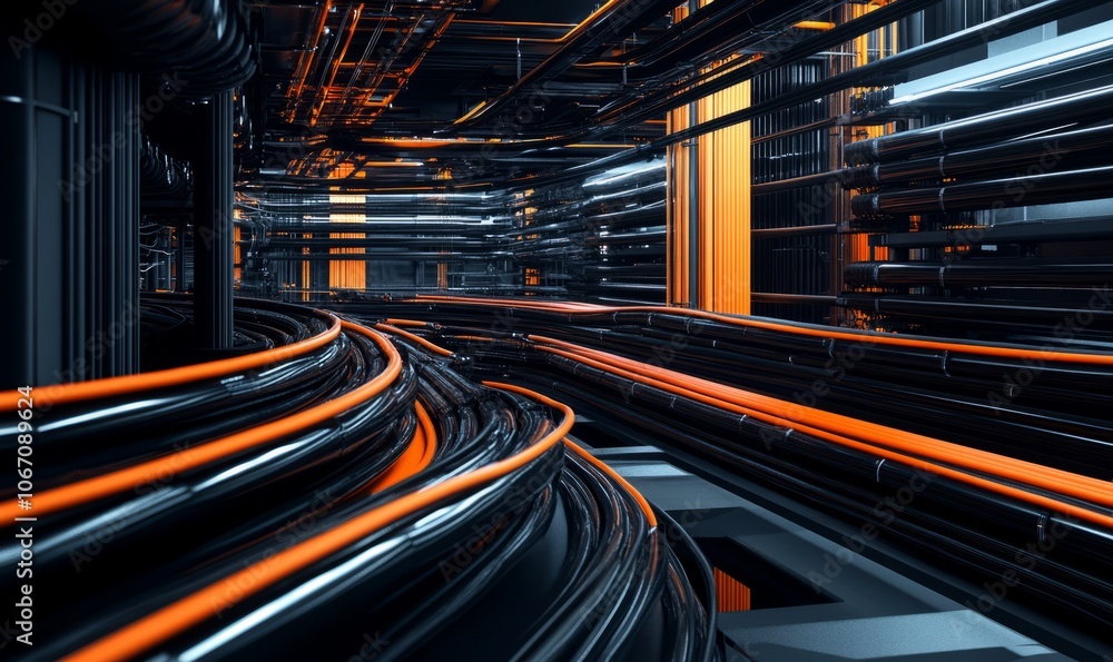 Massive underground cable distribution hub with rows of cables. scene captures intricate layout of black and orange cables Massive underground cable distribution hub with rows of cables. scene captures intricate layout of black and orange cables