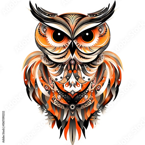 Colorful, intricate, detailed owl with large, black eyes, feathers, wings, and geometric patterns. photo