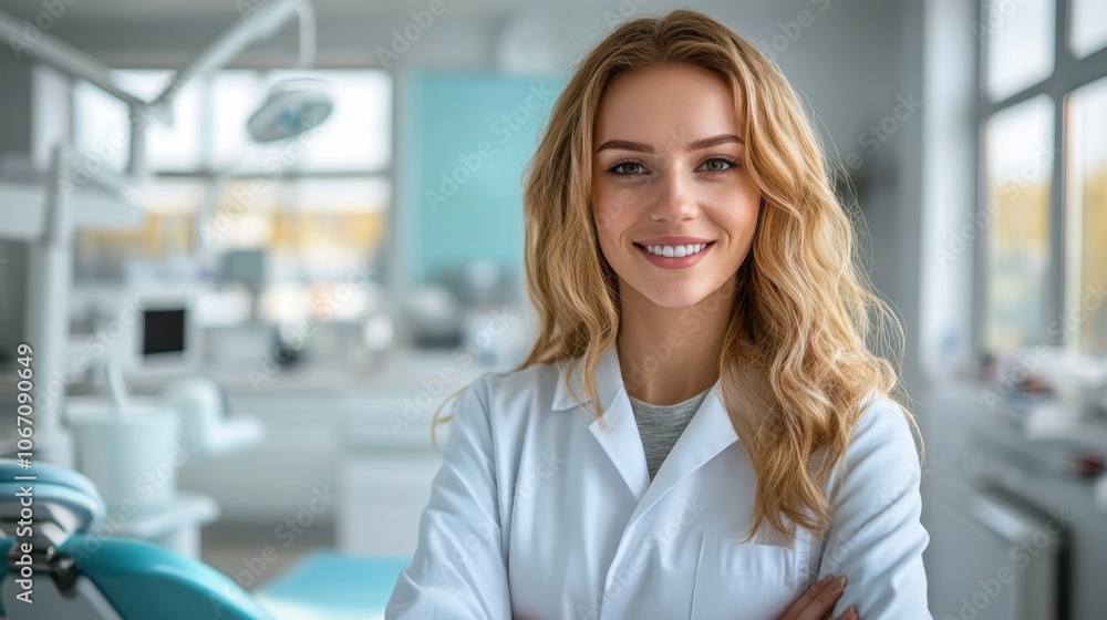 Cheerful dentist in a modern clinic smiling warmly at the camera, showcasing her passion for patient care and a welcoming environment Cheerful dentist in a modern clinic smiling warmly at the camera, showcasing her passion for patient care and a welcoming environment