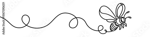 One continuous line illustration of a bee, isolated on white background. Line art of bee