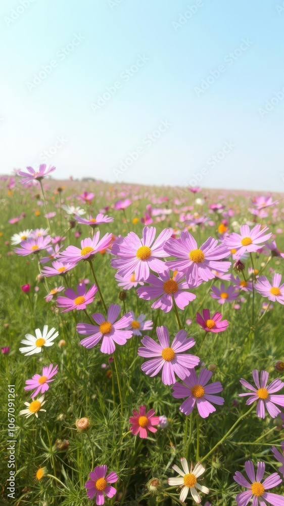 Vibrant cosmos flowers blooming in a vast field under a clear sky, vibrant, rural Vibrant cosmos flowers blooming in a vast field under a clear sky, vibrant, rural