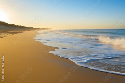 An untouched beach, caressed by gentle waves and crowned with a clear sky, inviting relaxation and contemplation. photo