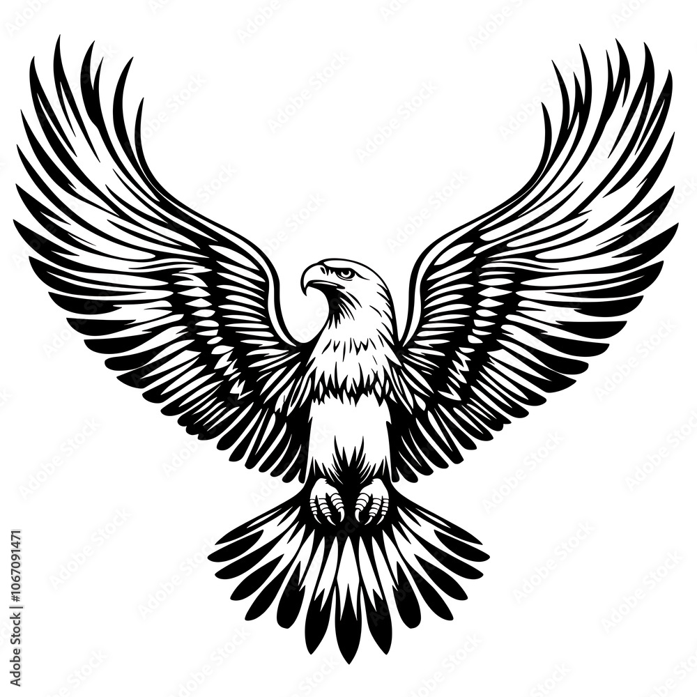 Obraz premium Black and white illustration of an eagle with wings spread.