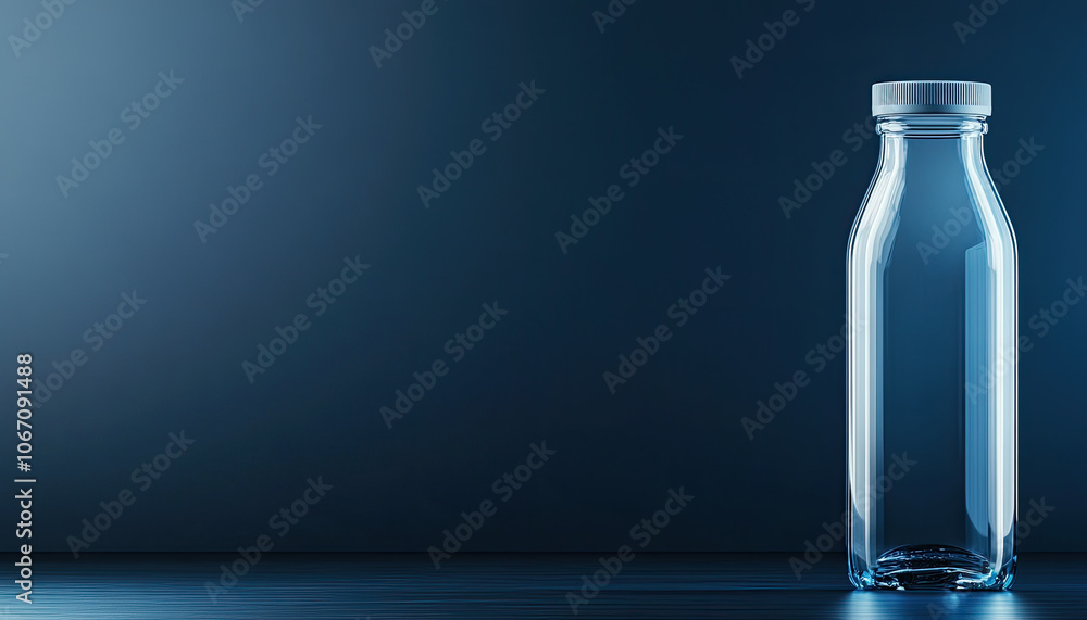 Clear glass milk bottle with a clean design on a dark background. Clear glass milk bottle with a clean design on a dark background.