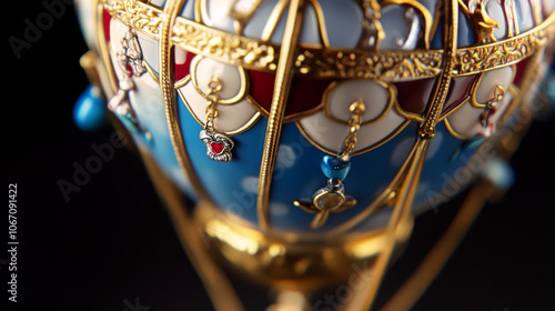 
A hot air balloon designed in the opulent Fabergé style, featuring intricate detailing and luxurious ornamentation.  photo