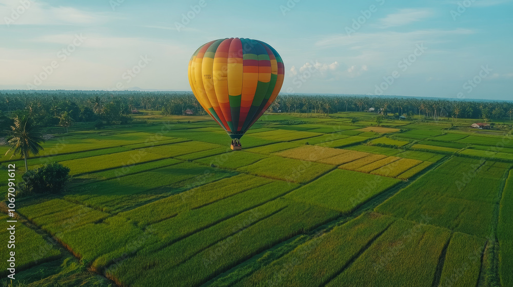 Obraz premium An aerial photo capturing hot air balloons drifting over the picturesque wine region near the Hunter Valley Gardens at sunrise.