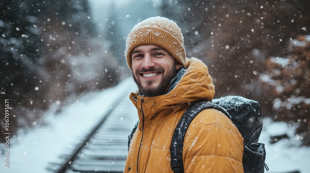Fototapeta premium A joyful traveler smiles warmly amidst falling snow on a wintery railway track in a serene forest landscape