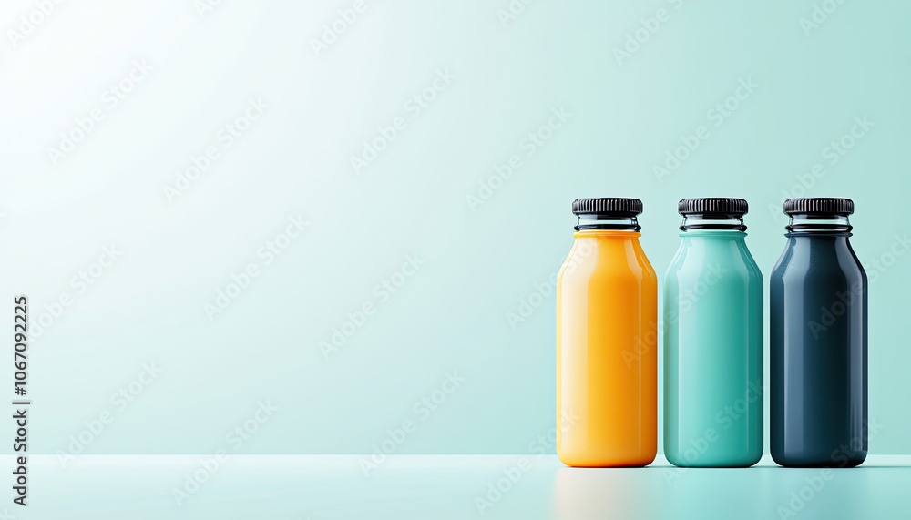 Three colorful bottles on a soft gradient background, perfect for beverage concepts. Three colorful bottles on a soft gradient background, perfect for beverage concepts.