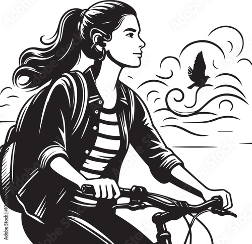 Woman enjoys a leisurely bike ride through the city. A stylish black and white illustration of a woman with a ponytail and glasses riding a bicycle with a basket on the front.