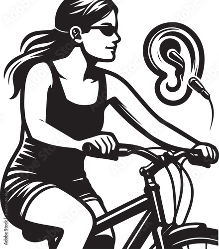 Woman enjoys a leisurely bike ride through the city. A stylish black and white illustration of a woman with a ponytail and glasses riding a bicycle with a basket on the front.