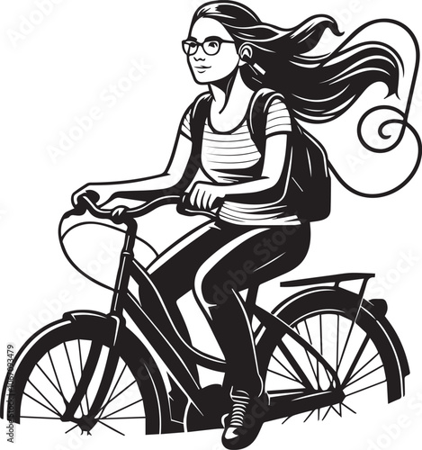 Woman enjoys a leisurely bike ride through the city. A stylish black and white illustration of a woman with a ponytail and glasses riding a bicycle with a basket on the front.