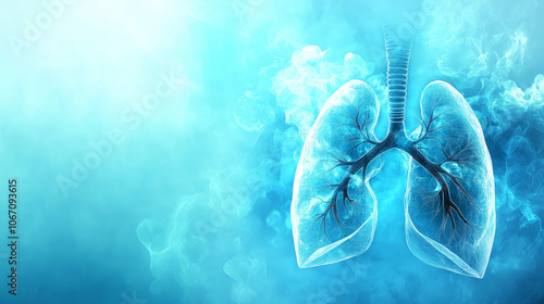 A medical banner featuring a detailed illustration of lungs on a blue background. The design offers a large copy space, perfect for adding text or a checklist. This layout is ideal for healthcare, r