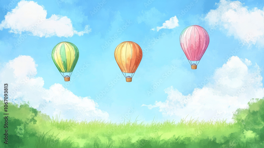 Obraz premium A picturesque scene with multicolored hot air balloons soaring through a bright blue sky adorned with fluffy white clouds. 