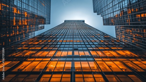 Wallpaper Mural A low angle view of a tall glass skyscraper with lights glowing in the windows. The building is seen from between two other buildings. Torontodigital.ca