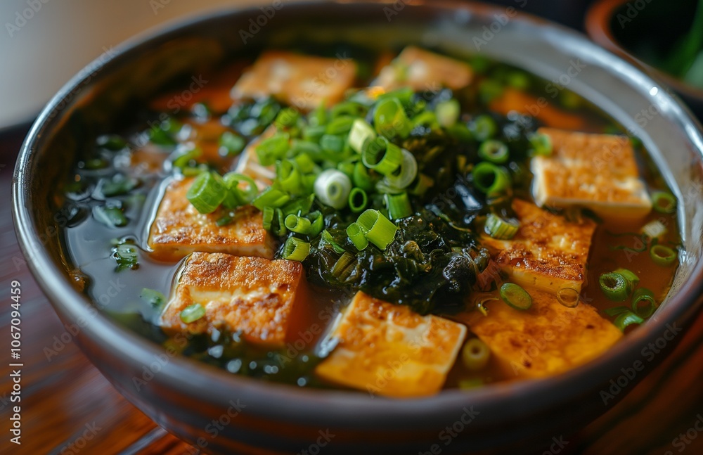 Healthy Japanese tofu miso soup with seaweed and green onions. Healthy Japanese tofu miso soup with seaweed and green onions.