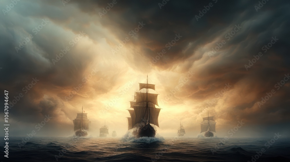 A dark, dramatic scene featuring ships sailing through turbulent waters under an ominous sky with intense clouds and light. A dark, dramatic scene featuring ships sailing through turbulent waters under an ominous sky with intense clouds and light.