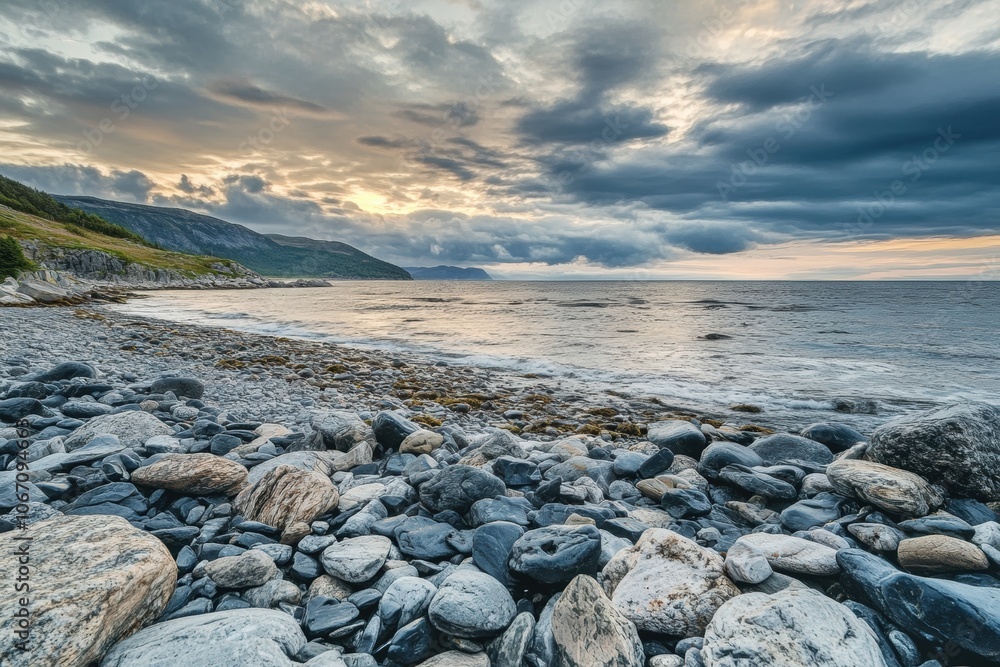 Scenic landscape of northern lights over rocky seashore at sunset Scenic landscape of northern lights over rocky seashore at sunset