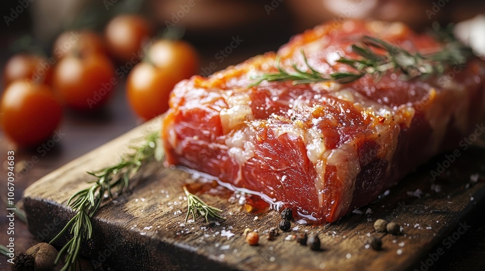 Raw beef steak with seasoning on rustic wooden board Raw beef steak with seasoning on rustic wooden board